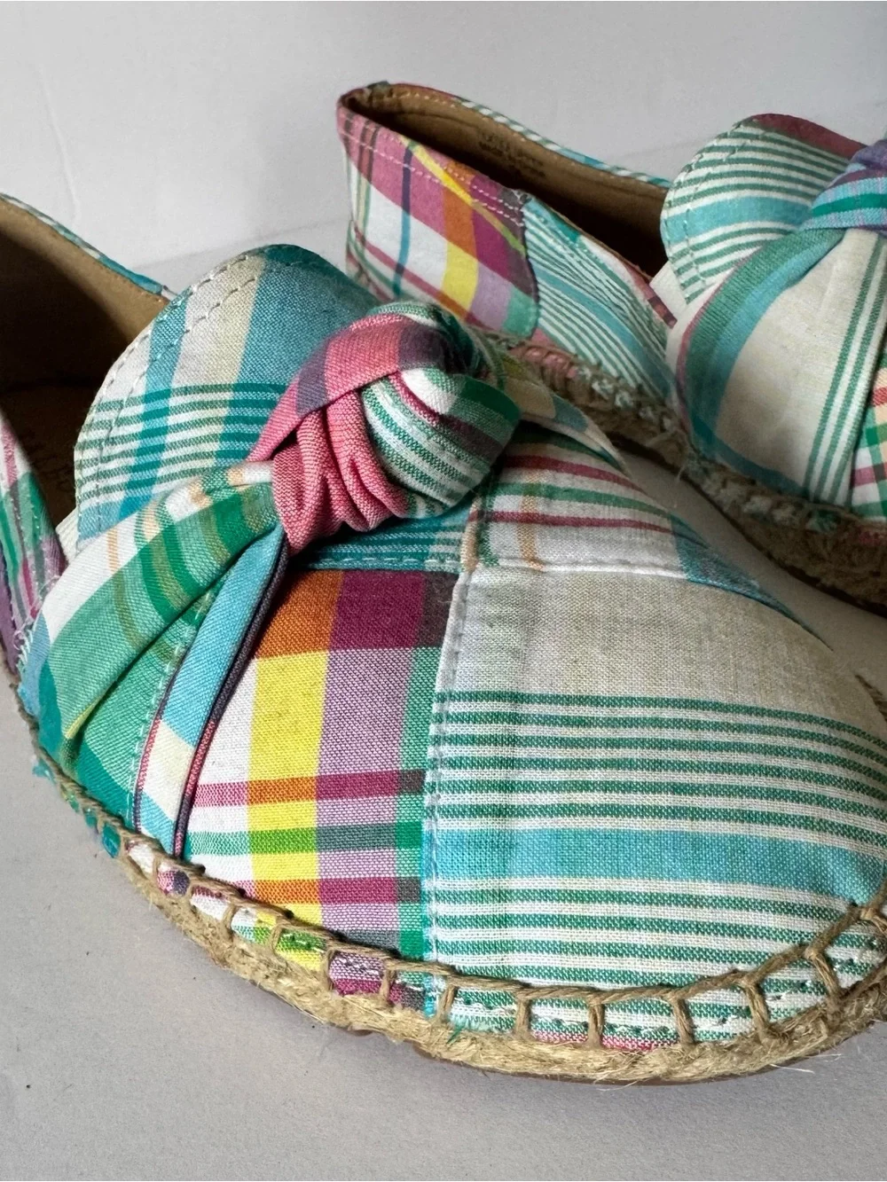 Talbots Women’s 7 Plaid knot Espadrille Flats Teal Pink Slip On Shoes Classic